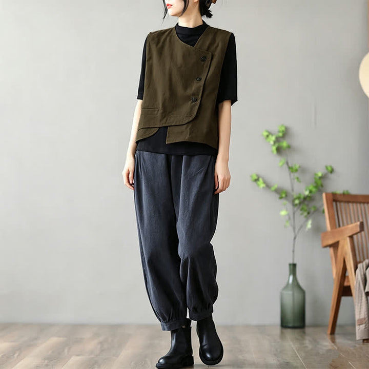 Buddha Stones Summer Tang Style Minimalist Button-Up Solid Tank Top Women's Sleeveless Shirts With Pocket - image 3