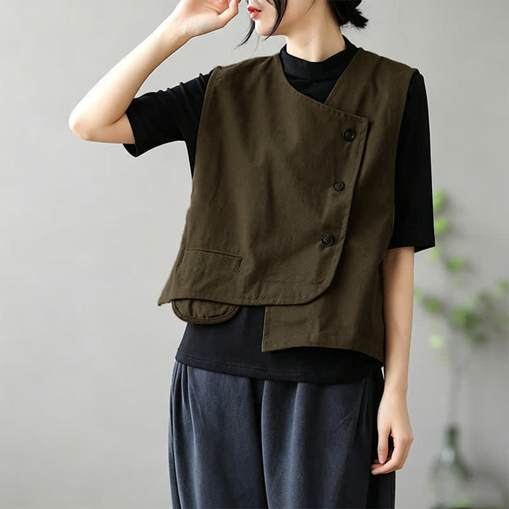 Buddha Stones Summer Tang Style Minimalist Button-Up Solid Tank Top Women's Sleeveless Shirts With Pocket - image 2