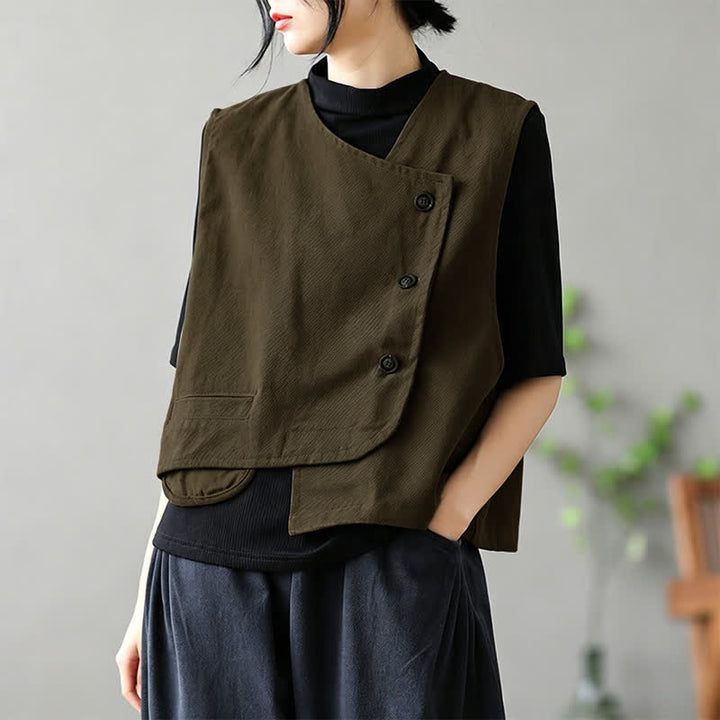 Buddha Stones Summer Tang Style Minimalist Button-Up Solid Tank Top Women's Sleeveless Shirts With Pocket - DarkKhaki - US14, UK/AU18, EU46 (2XL) - image 0