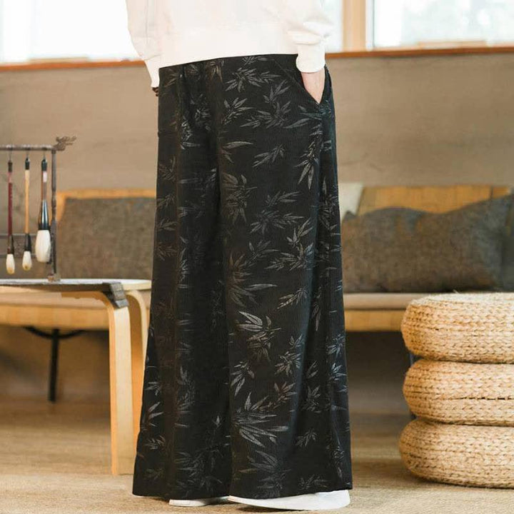 Buddha Stones Fall Winter Casual Vintage Drawstring Bamboo Leaf Ankle Pants Men's Straight Leg Pants With Pocket - image 9