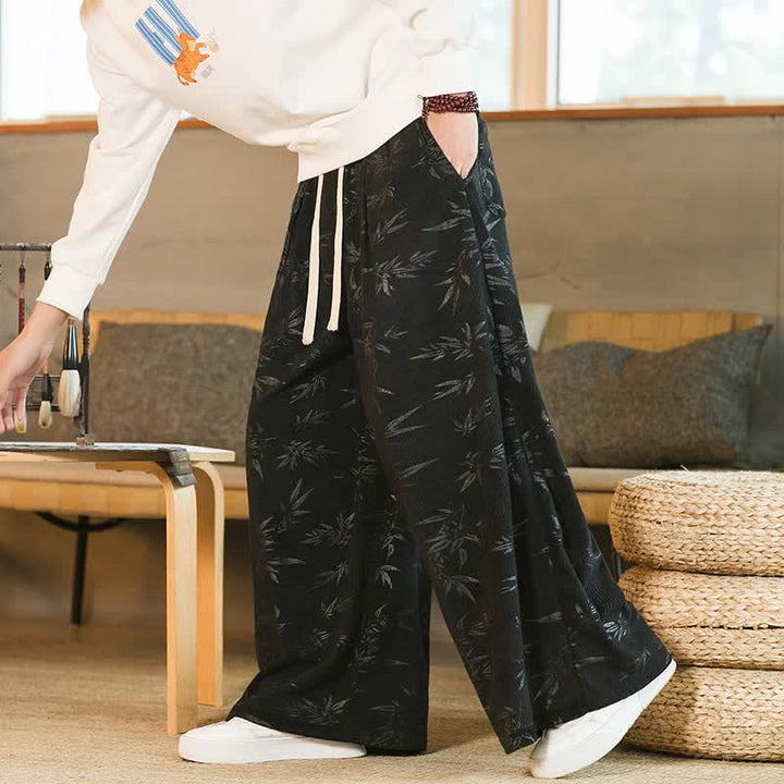 Buddha Stones Fall Winter Casual Vintage Drawstring Bamboo Leaf Ankle Pants Men's Straight Leg Pants With Pocket - Black - US/UK/AU46, EU56 (5XL) - image 5