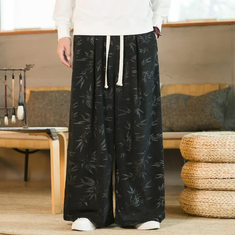 Buddha Stones Fall Winter Casual Vintage Drawstring Bamboo Leaf Ankle Pants Men's Straight Leg Pants With Pocket - image 6