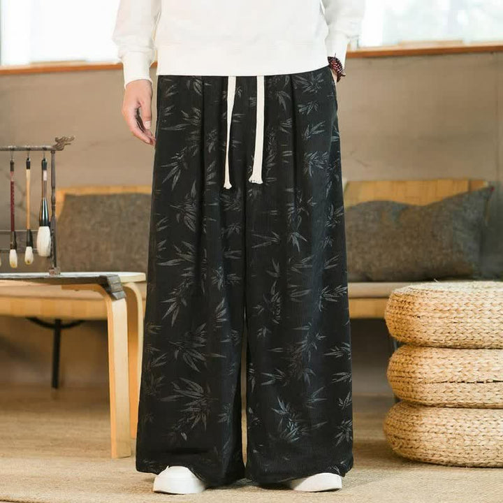 Buddha Stones Fall Winter Casual Vintage Drawstring Bamboo Leaf Ankle Pants Men's Straight Leg Pants With Pocket - image 6