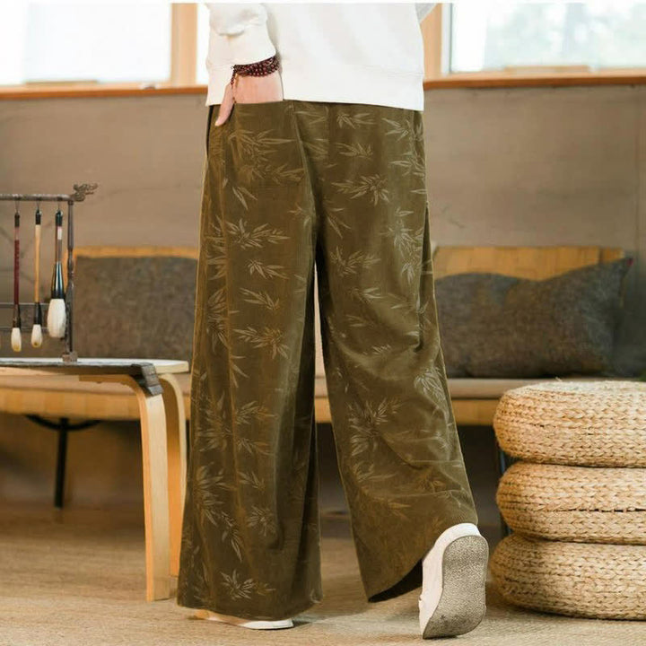 Buddha Stones Fall Winter Casual Vintage Drawstring Bamboo Leaf Ankle Pants Men's Straight Leg Pants With Pocket - image 4