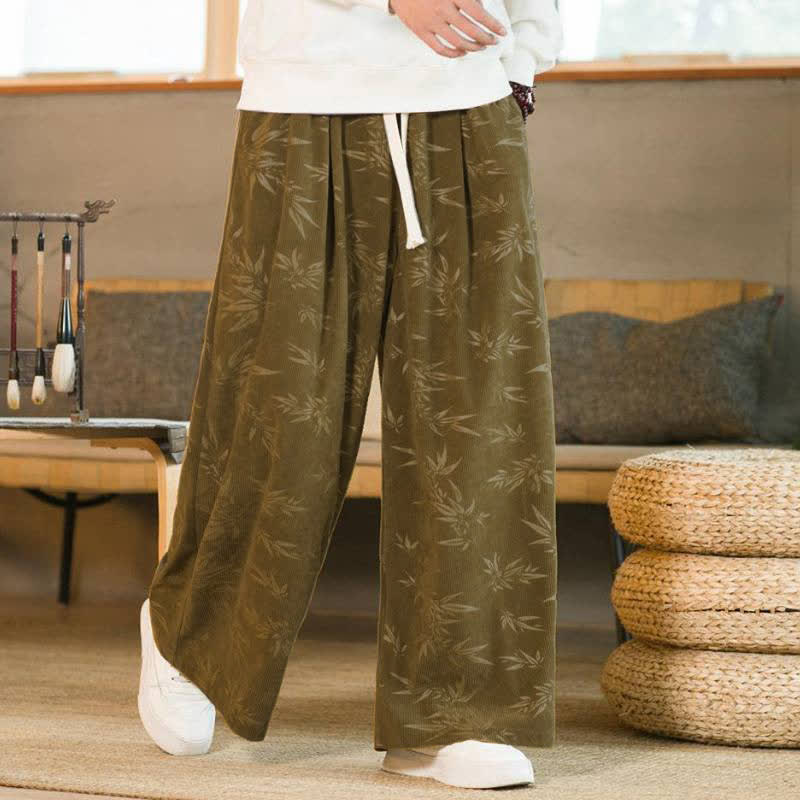 Buddha Stones Fall Winter Casual Vintage Drawstring Bamboo Leaf Ankle Pants Men's Straight Leg Pants With Pocket - image 2