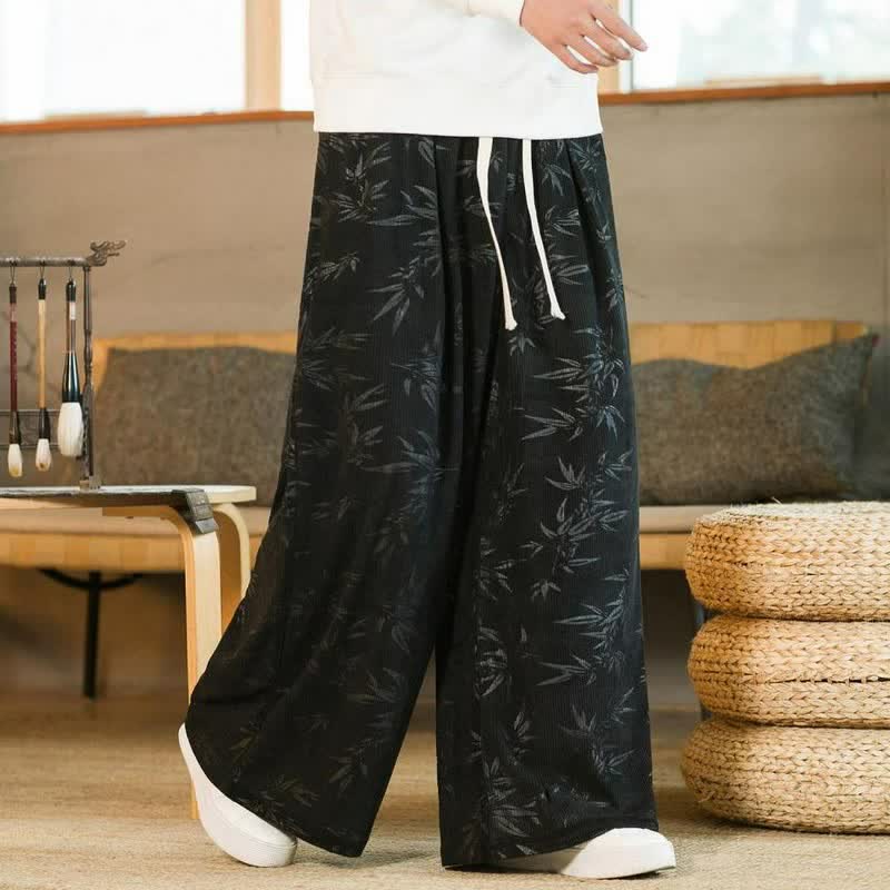 Buddha Stones Fall Winter Casual Vintage Drawstring Bamboo Leaf Ankle Pants Men's Straight Leg Pants With Pocket - image 7