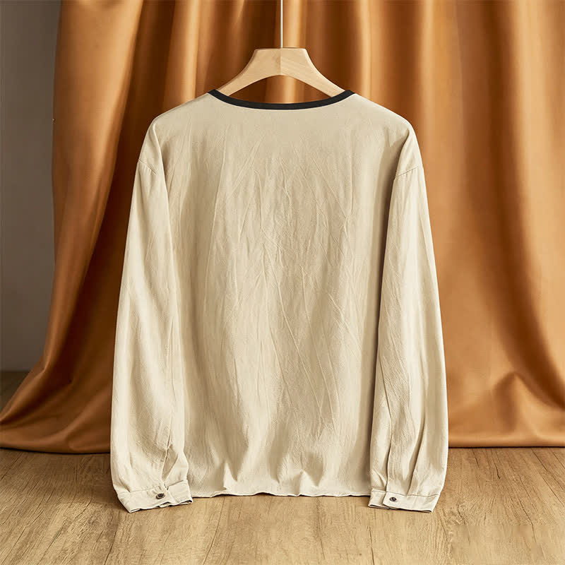 Buddha Stones Spring Fall Casual Vintage Button-Up Solid Men's Long Sleeve Shirts - image 1
