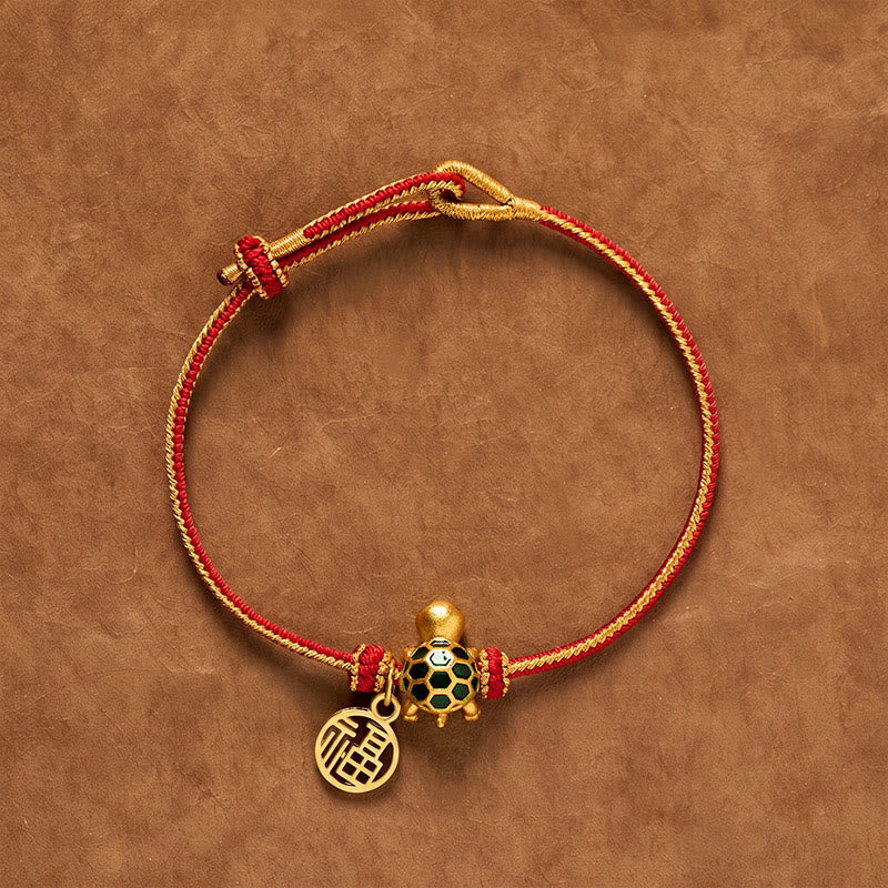 Buddha Stones Red String Copper Fu Character Turtle Braided Luck Bracelet - Round Fu Character - image 1