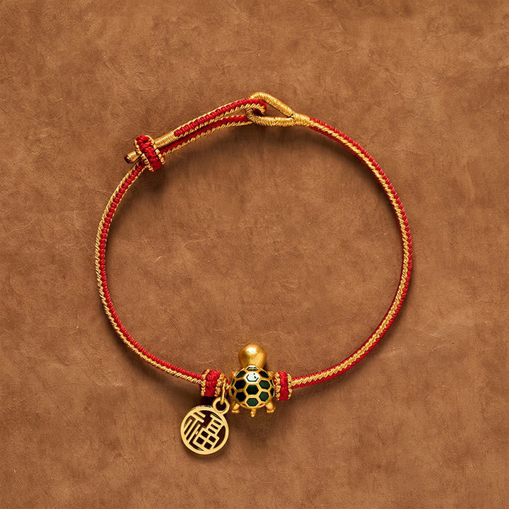 Buddha Stones Red String Copper Fu Character Turtle Braided Luck Bracelet - Round Fu Character - image 1
