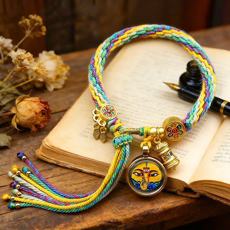 Buddha Stones Tibetan Titanium Steel Om Mani Padme Hum Strengthen Bracelet - Yellow Green - image 0