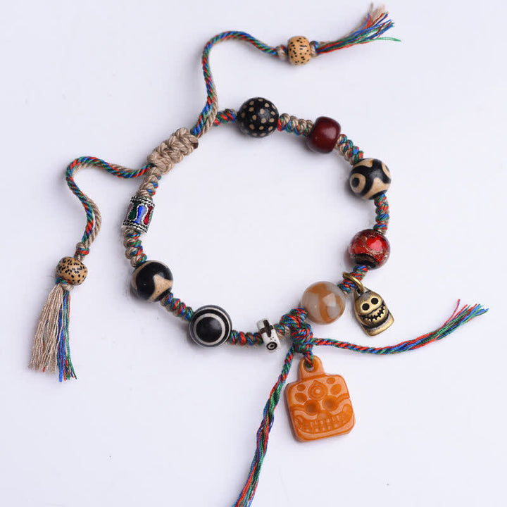 Buddha Stones Tibetan Dzi Bead Bone Braided Multicolor String Blessings Bracelet - image 1