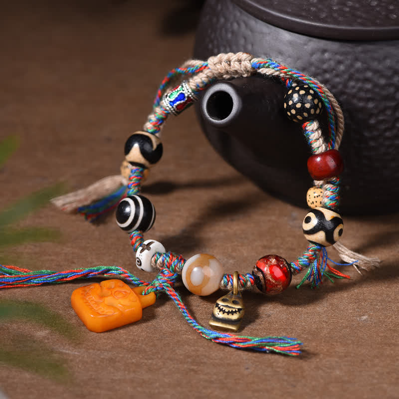 Buddha Stones Tibetan Dzi Bead Bone Braided Multicolor String Blessings Bracelet - image 2