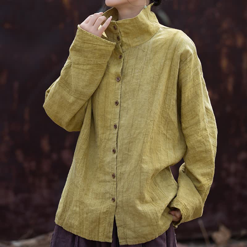 Buddha Stones Spring Fall Casual Tang Style Mandarin Collar Solid Ramie Women's Long Sleeve Shirts - image 3