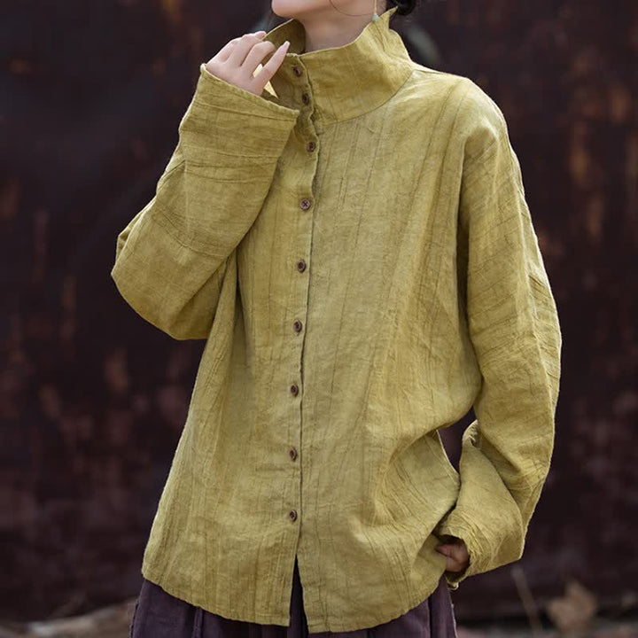 Buddha Stones Spring Fall Casual Tang Style Mandarin Collar Solid Ramie Women's Long Sleeve Shirts - image 3