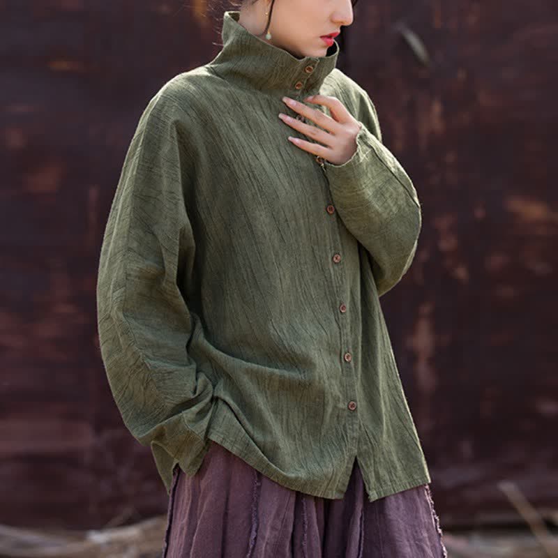 Buddha Stones Spring Fall Casual Tang Style Mandarin Collar Solid Ramie Women's Long Sleeve Shirts - image 4