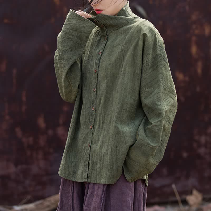 Buddha Stones Spring Fall Casual Tang Style Mandarin Collar Solid Ramie Women's Long Sleeve Shirts - image 7