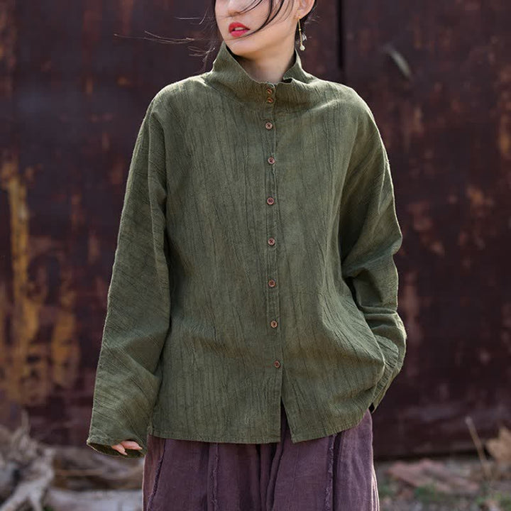Buddha Stones Spring Fall Casual Tang Style Mandarin Collar Solid Ramie Women's Long Sleeve Shirts - image 6