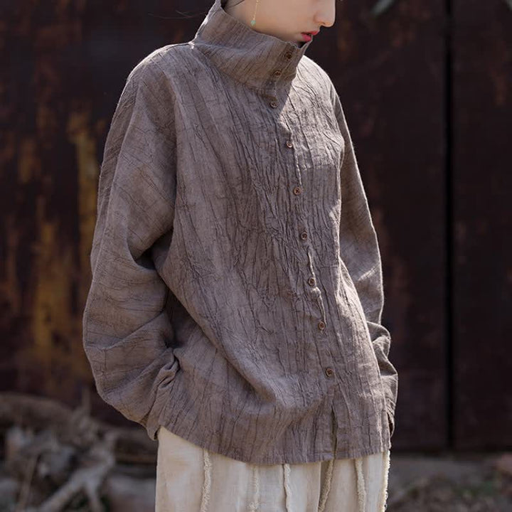 Buddha Stones Spring Fall Casual Tang Style Mandarin Collar Solid Ramie Women's Long Sleeve Shirts - image 9