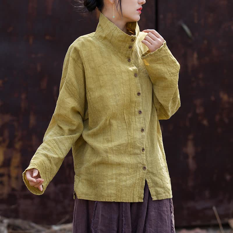 Buddha Stones Spring Fall Casual Tang Style Mandarin Collar Solid Ramie Women's Long Sleeve Shirts - image 2