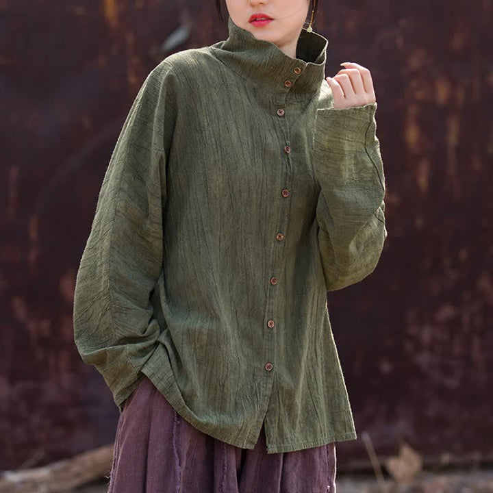 Buddha Stones Spring Fall Casual Tang Style Mandarin Collar Solid Ramie Women's Long Sleeve Shirts - DarkOliveGreen - US4-8/10，UK/AU8-12/14，EU36-40/42 (F) - image 5