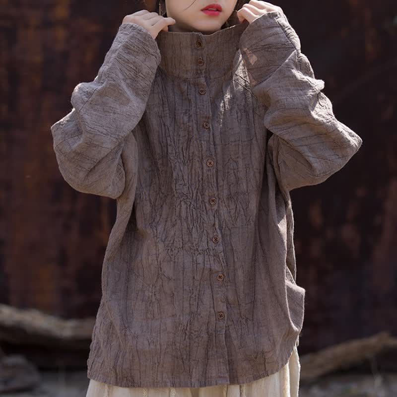 Buddha Stones Spring Fall Casual Tang Style Mandarin Collar Solid Ramie Women's Long Sleeve Shirts - image 10