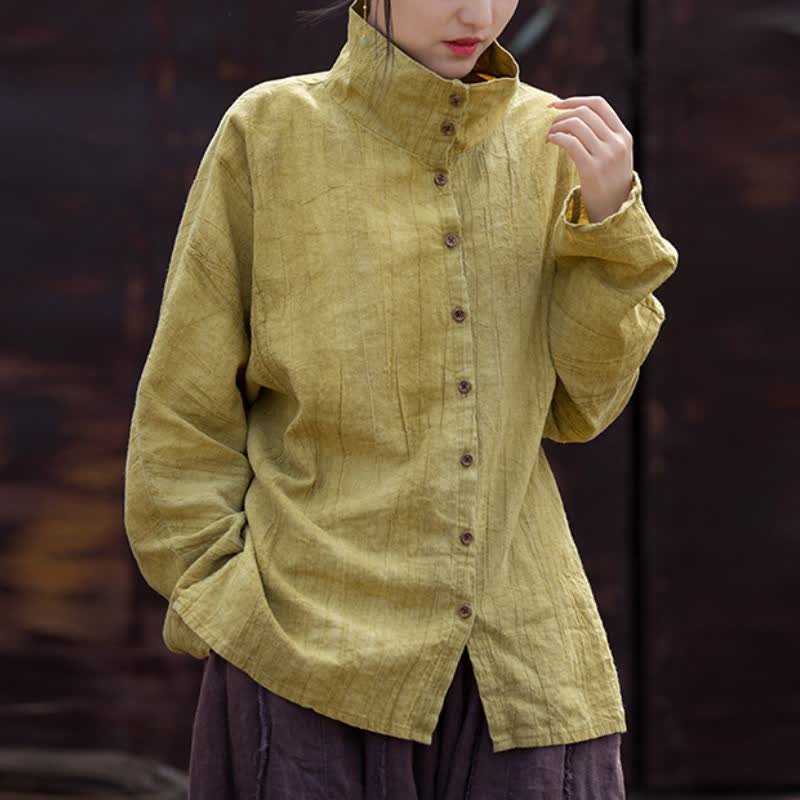 Buddha Stones Spring Fall Casual Tang Style Mandarin Collar Solid Ramie Women's Long Sleeve Shirts - DarkKhaki - US4-8/10，UK/AU8-12/14，EU36-40/42 (F) - image 0
