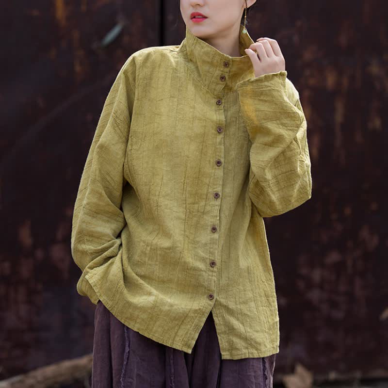 Buddha Stones Spring Fall Casual Tang Style Mandarin Collar Solid Ramie Women's Long Sleeve Shirts - image 1