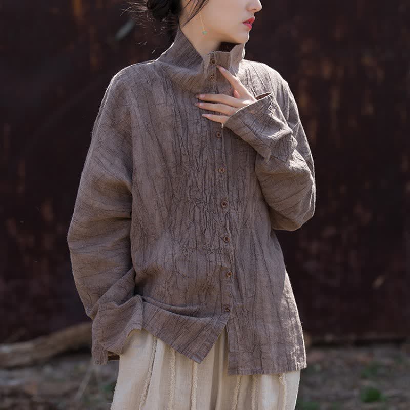Buddha Stones Spring Fall Casual Tang Style Mandarin Collar Solid Ramie Women's Long Sleeve Shirts - image 11