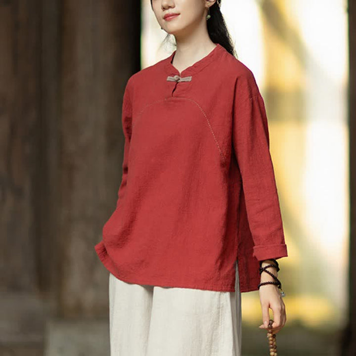 Buddha Stones Spring Fall Casual Tang Style Frog Button Solid Ramie Women's Long Sleeve Shirts With Pocket - image 12