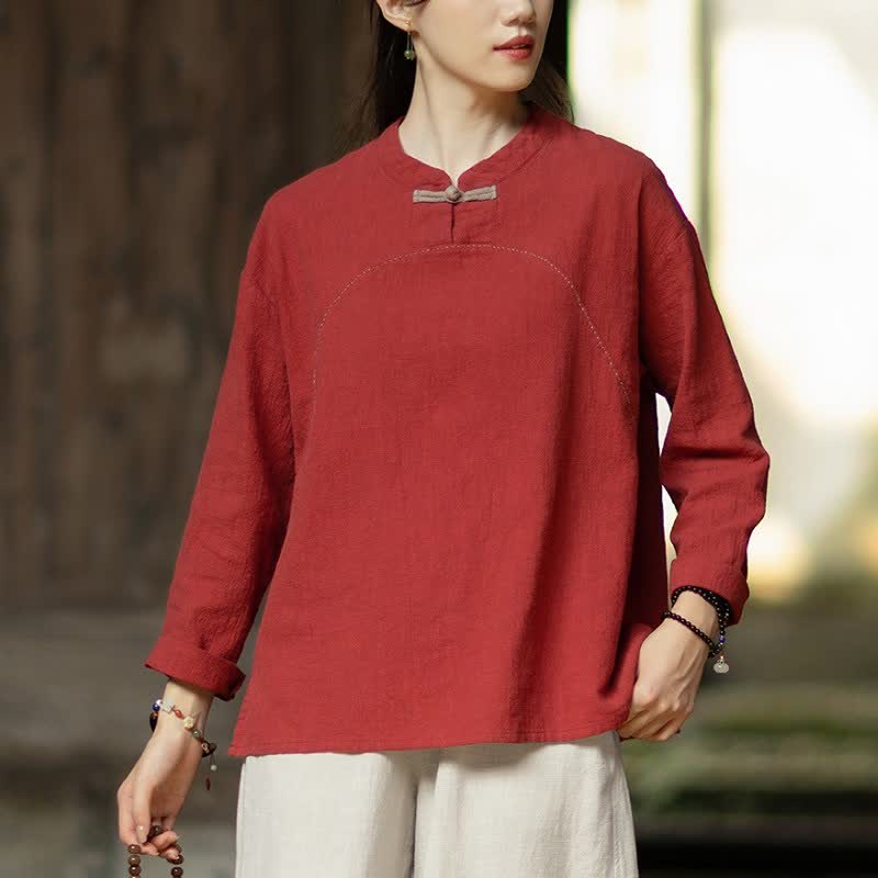 Buddha Stones Spring Fall Casual Tang Style Frog Button Solid Ramie Women's Long Sleeve Shirts With Pocket - FireBrick - US4-6，UK/AU8-10，EU36-38 (F) - image 10