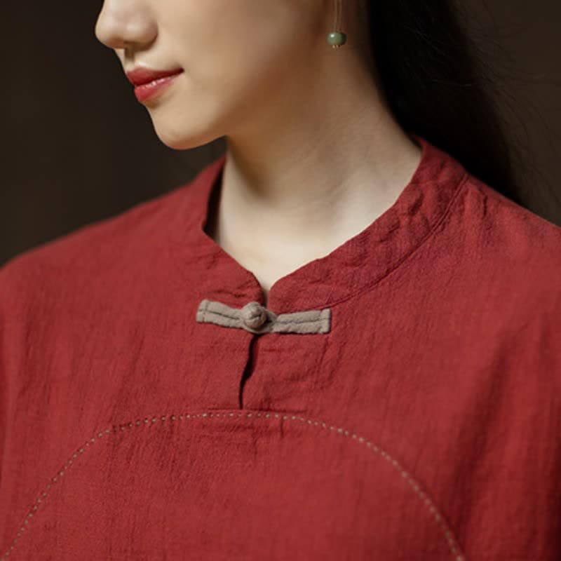 Buddha Stones Spring Fall Casual Tang Style Frog Button Solid Ramie Women's Long Sleeve Shirts With Pocket - image 14