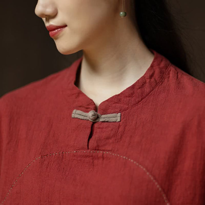 Buddha Stones Spring Fall Casual Tang Style Frog Button Solid Ramie Women's Long Sleeve Shirts With Pocket - image 14