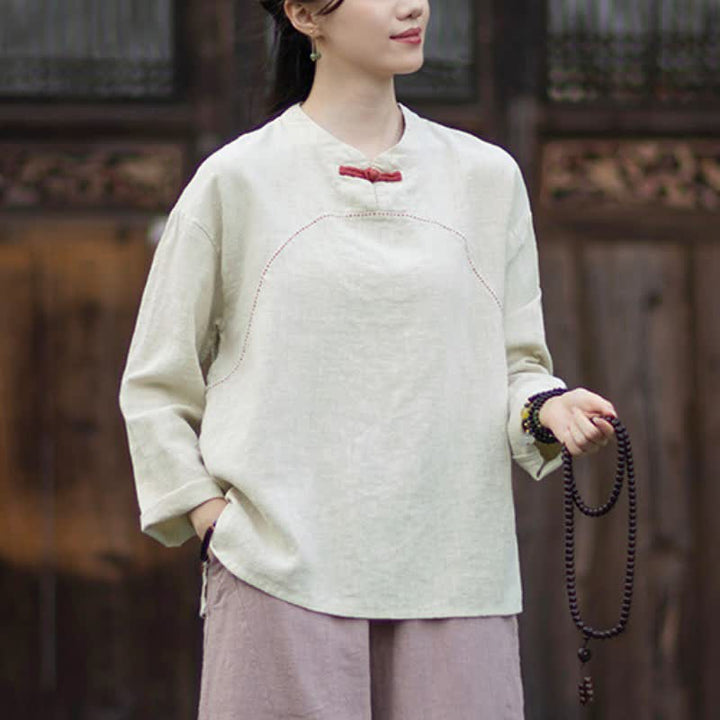 Buddha Stones Spring Fall Casual Tang Style Frog Button Solid Ramie Women's Long Sleeve Shirts With Pocket - image 3