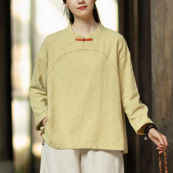 Buddha Stones Spring Fall Casual Tang Style Frog Button Solid Ramie Women's Long Sleeve Shirts With Pocket - image 8