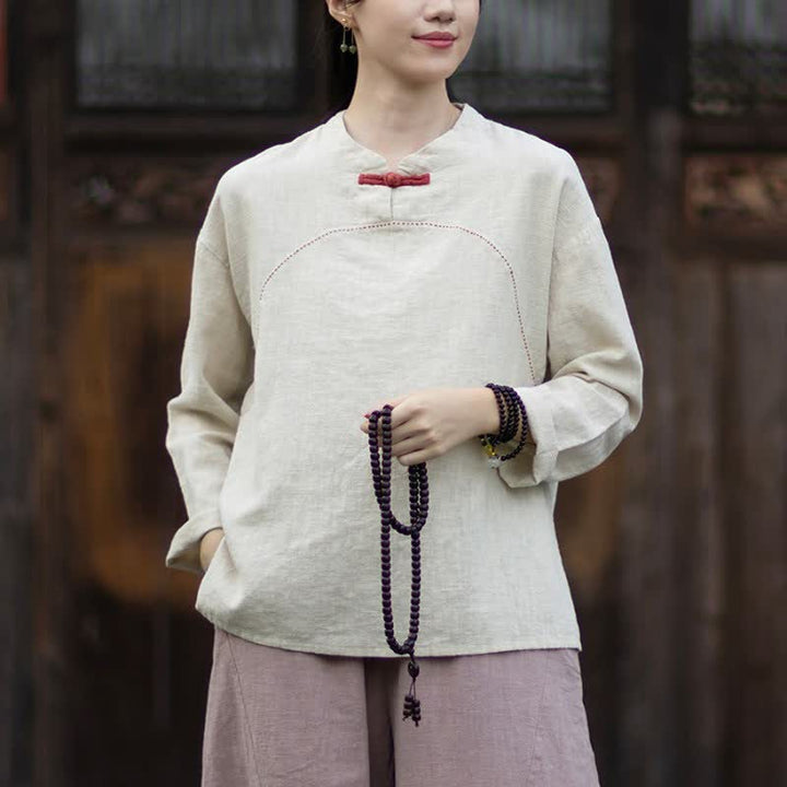 Buddha Stones Spring Fall Casual Tang Style Frog Button Solid Ramie Women's Long Sleeve Shirts With Pocket - Beige - US4-6，UK/AU8-10，EU36-38 (F) - image 0