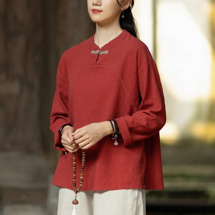 Buddha Stones Spring Fall Casual Tang Style Frog Button Solid Ramie Women's Long Sleeve Shirts With Pocket - image 13