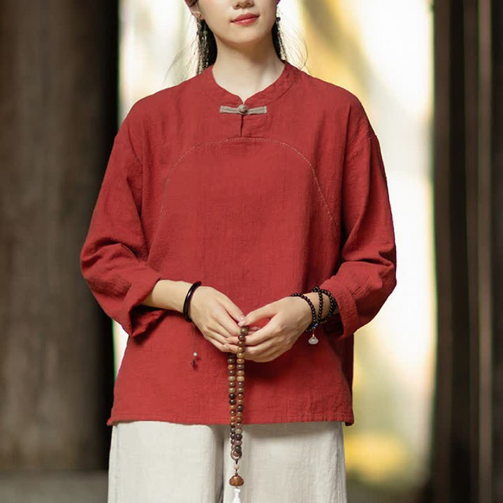 Buddha Stones Spring Fall Casual Tang Style Frog Button Solid Ramie Women's Long Sleeve Shirts With Pocket - image 11