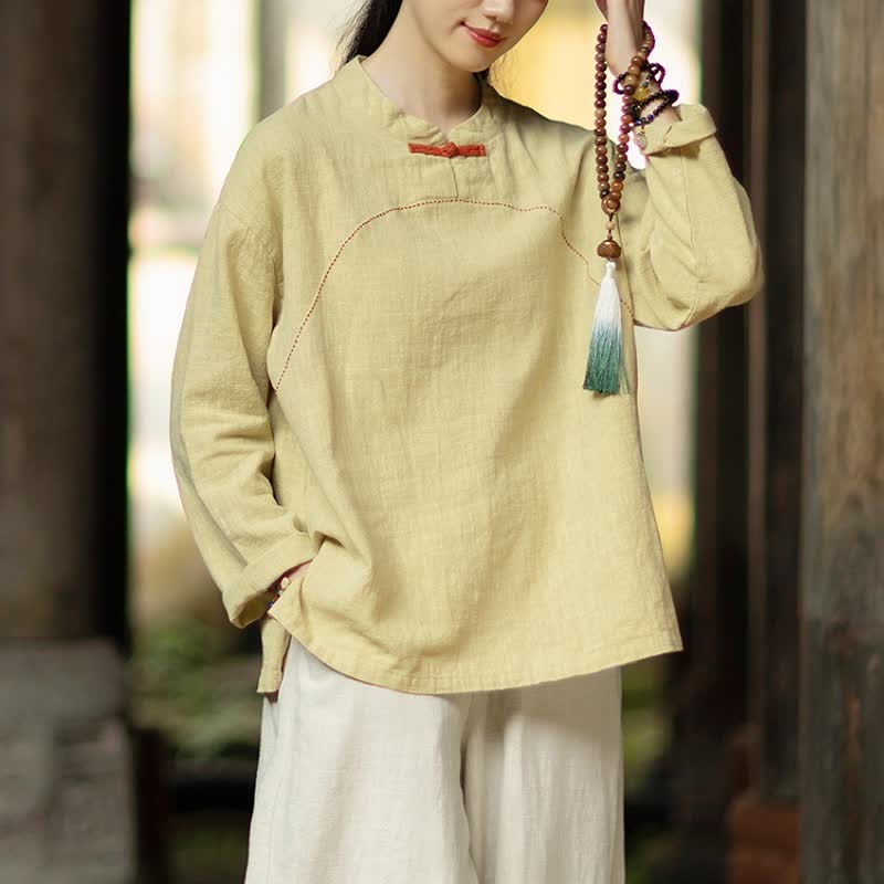 Buddha Stones Spring Fall Casual Tang Style Frog Button Solid Ramie Women's Long Sleeve Shirts With Pocket - Khaki - US4-6，UK/AU8-10，EU36-38 (F) - image 5
