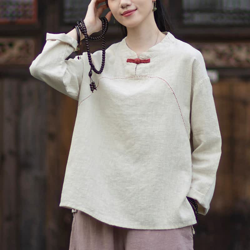 Buddha Stones Spring Fall Casual Tang Style Frog Button Solid Ramie Women's Long Sleeve Shirts With Pocket - image 1