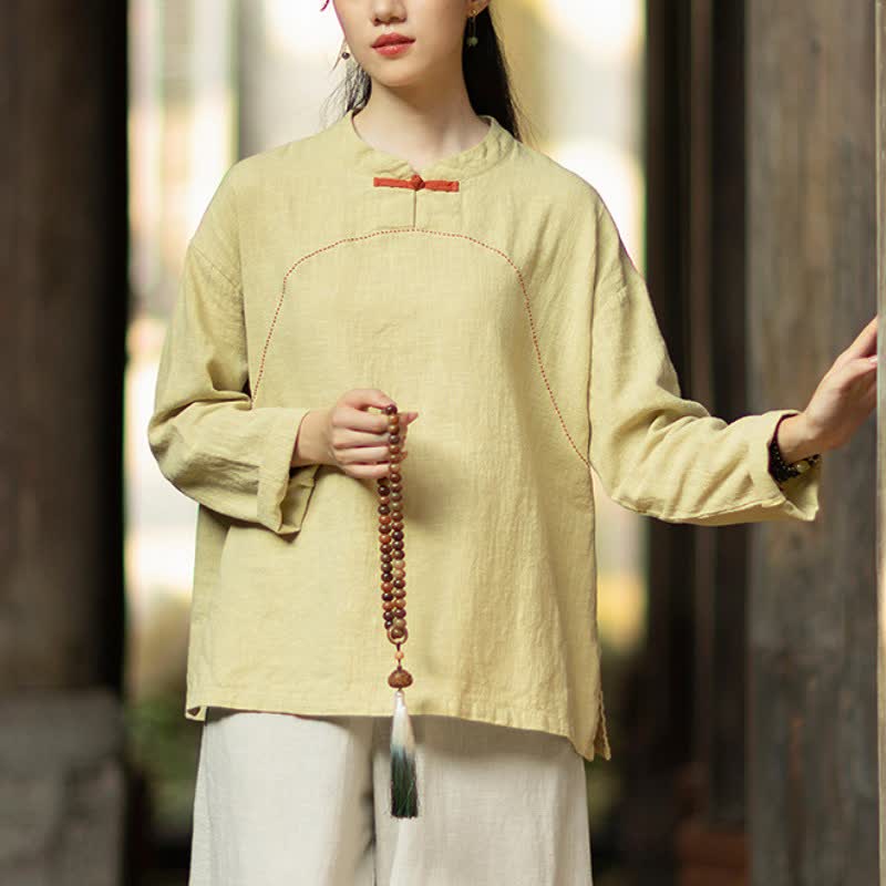 Buddha Stones Spring Fall Casual Tang Style Frog Button Solid Ramie Women's Long Sleeve Shirts With Pocket - image 7