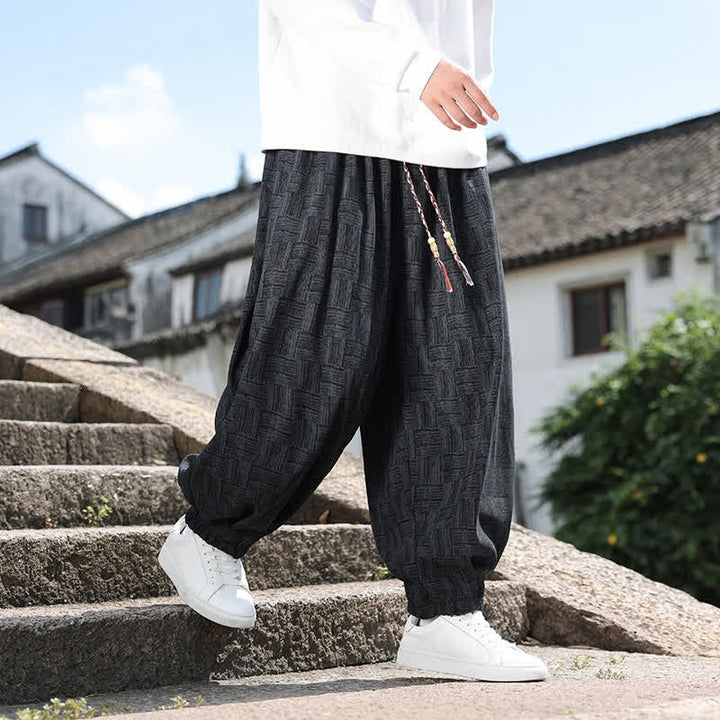 Buddha Stones Fall Winter Casual Vintage Drawstring Geometric Ankle Pants Men's Harem Pants With Pocket - Black - US/UK/AU54，EU64 (9XL) - image 0