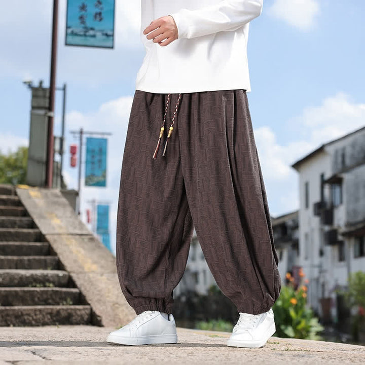 Buddha Stones Fall Winter Casual Vintage Drawstring Geometric Ankle Pants Men's Harem Pants With Pocket - SaddleBrown - US/UK/AU54，EU64 (9XL) - image 18