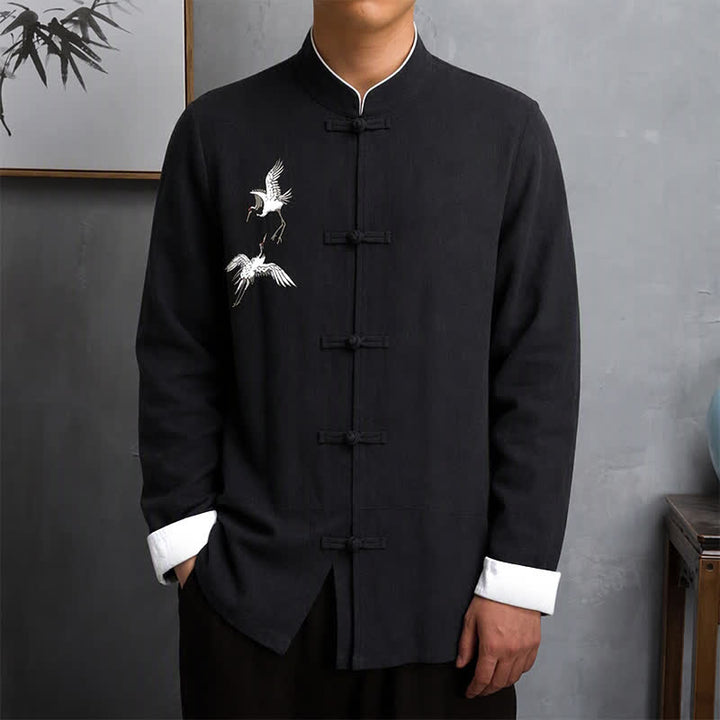 Buddha Stones Spring Fall Vintage Tang Style Frog Button Crane Embroidery Men's Long Sleeve Shirts - Black - US/UK/AU46, EU56 (5XL) - image 9