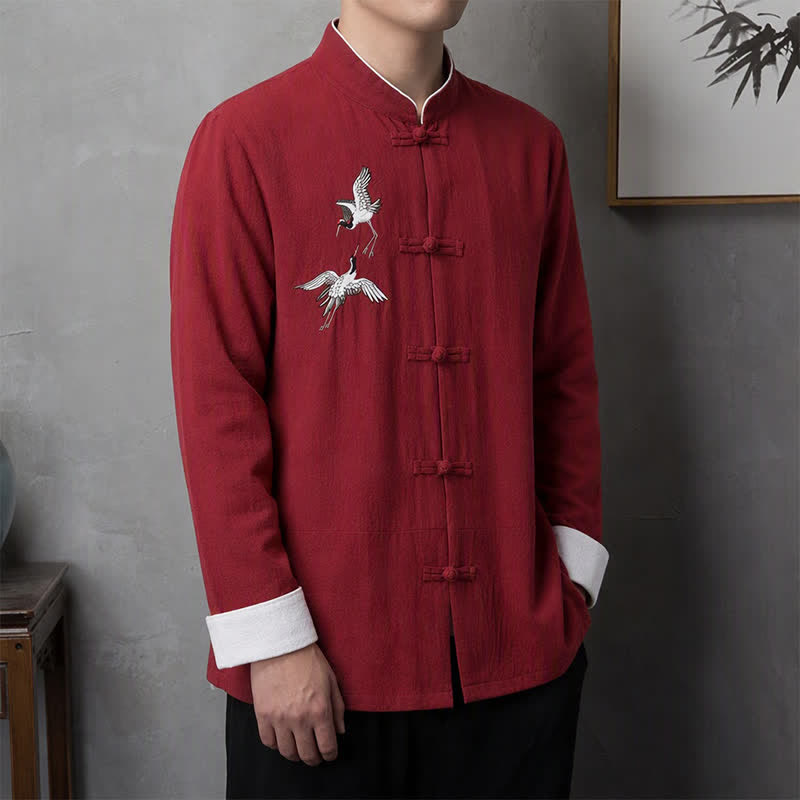 Buddha Stones Spring Fall Vintage Tang Style Frog Button Crane Embroidery Men's Long Sleeve Shirts - Crimson - US/UK/AU46, EU56 (5XL) - image 0
