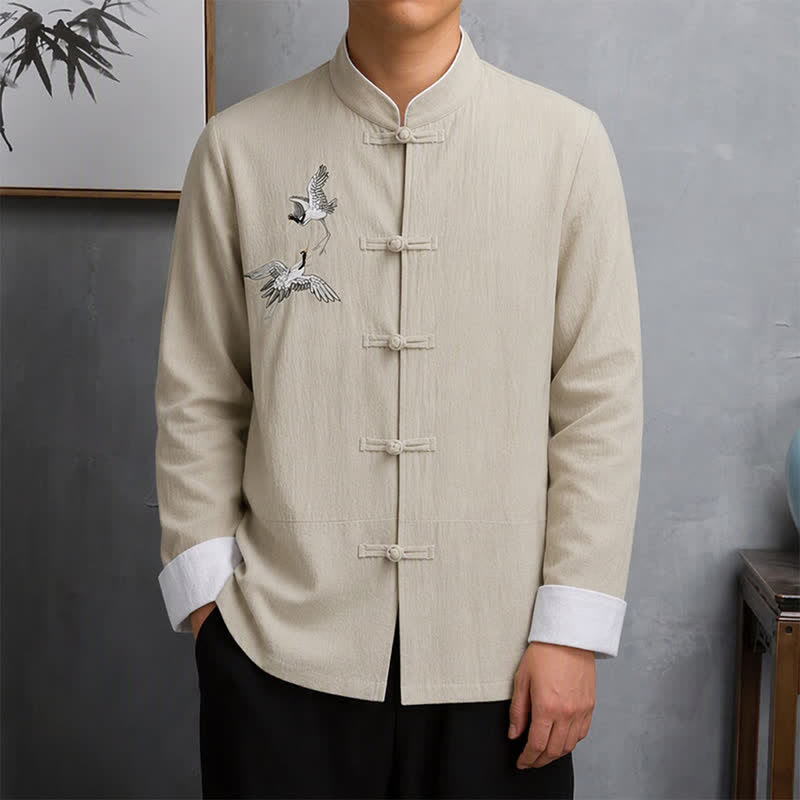 Buddha Stones Spring Fall Vintage Tang Style Frog Button Crane Embroidery Men's Long Sleeve Shirts - Beige - US/UK/AU46, EU56 (5XL) - image 20