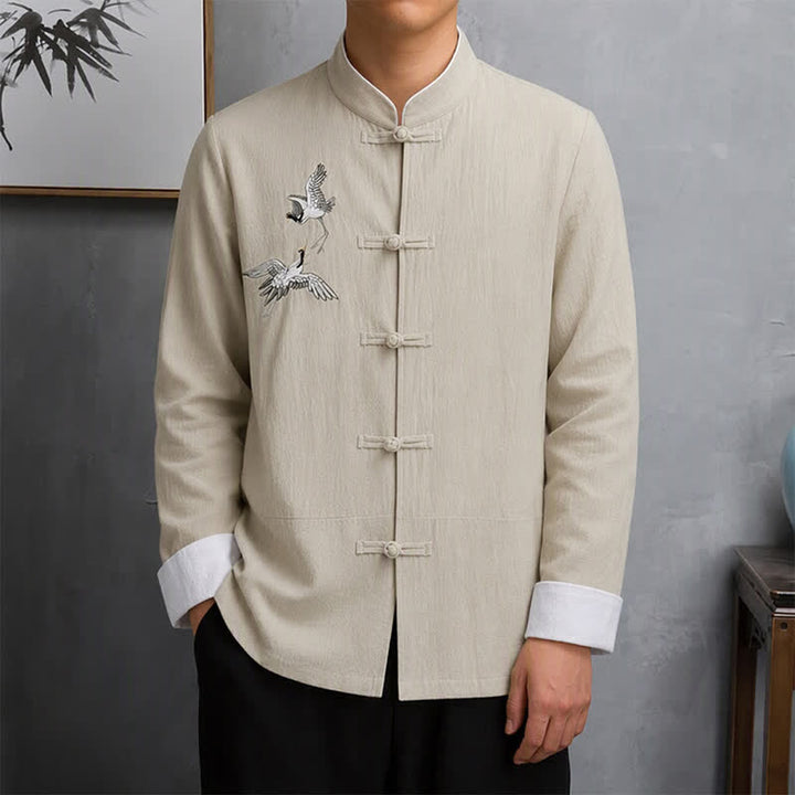 Buddha Stones Spring Fall Vintage Tang Style Frog Button Crane Embroidery Men's Long Sleeve Shirts - Beige - US/UK/AU46, EU56 (5XL) - image 20