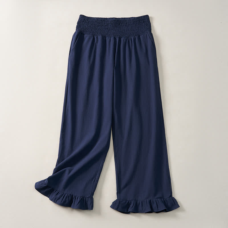 Buddha Stones Spring Summer Casual Boho Solid Ruffled Hems Design Ankle Pants Women's Straight Leg Pants With Pockets - Navy - US12, UK/AU16, EU44 (2XL) - image 0