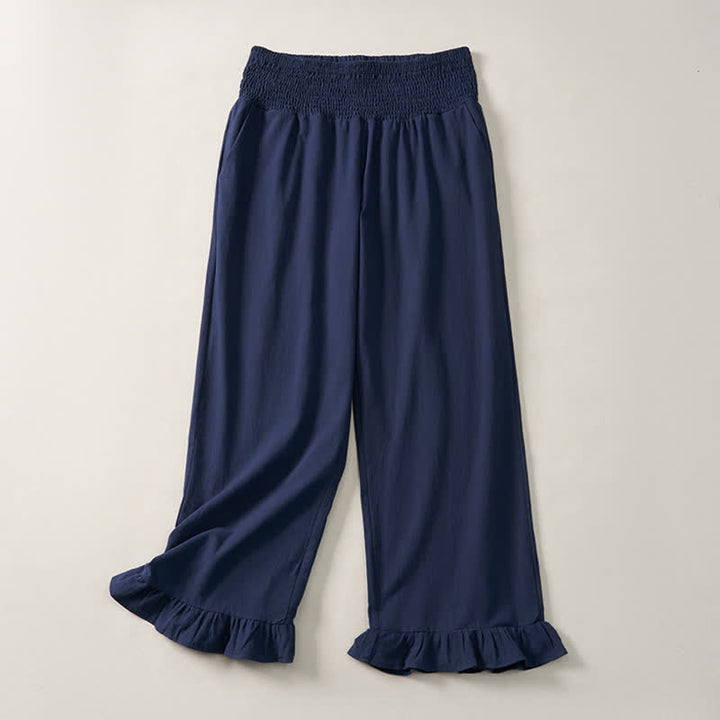 Buddha Stones Spring Summer Casual Boho Solid Ruffled Hems Design Ankle Pants Women's Straight Leg Pants With Pockets - Navy - US12, UK/AU16, EU44 (2XL) - image 0