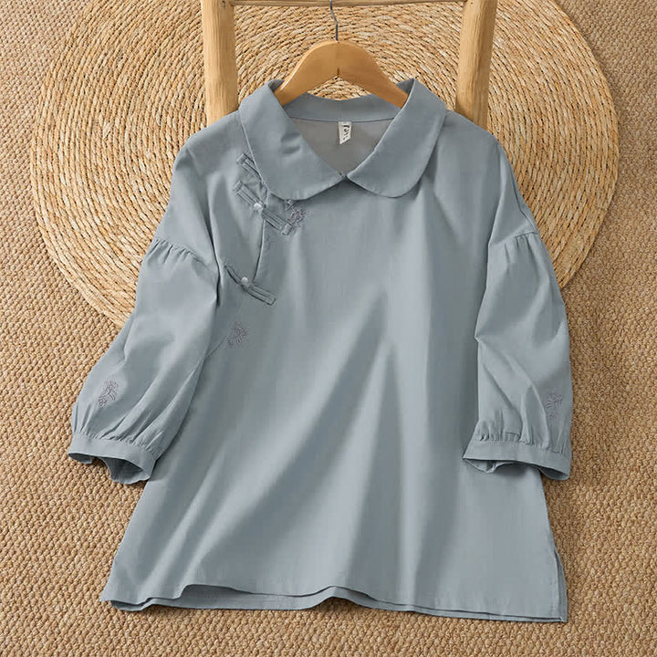 Buddha Stones Summer Vintage Tang Style Frog Button Embroidery Flower Solid Women's Elbow-Length Sleeve Shirts - LightSteelBlue - US8-10, UK/AU12-14, EU40-42 (2XL) - image 0