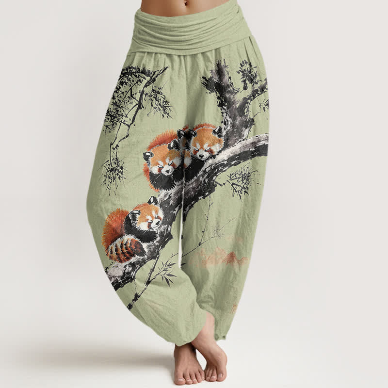 Buddha Stones Cotton Ink Bamboo Red Panda Pattern Women's Elastic Waist Harem Pants - PaleGreen - US16，UK/AU20，EU48 (3XL) - image 5